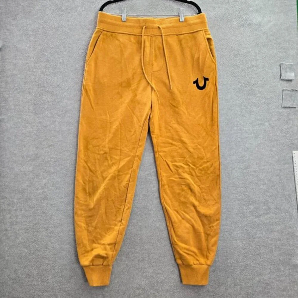 True‎ Religion Pants M Yellow Back Pocket Drawstring Jogger Logo Pockets READ